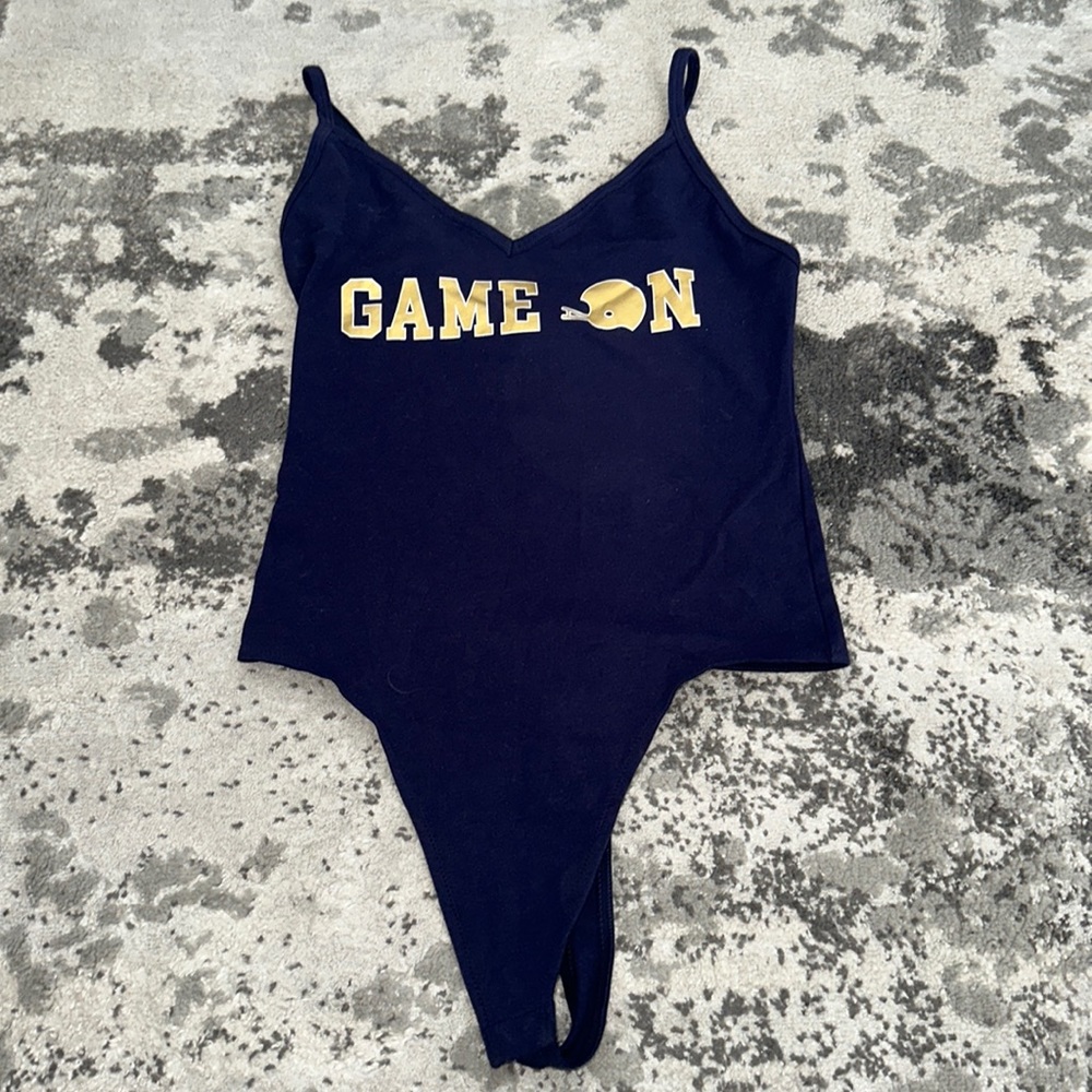 Victoria Secret Pink Blue and Gold Game on Bodysuit